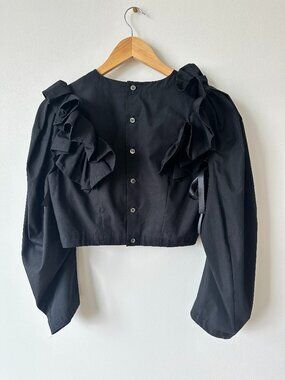 Beams Miyao Black Ruffle-Detail Crop Button-Back Top